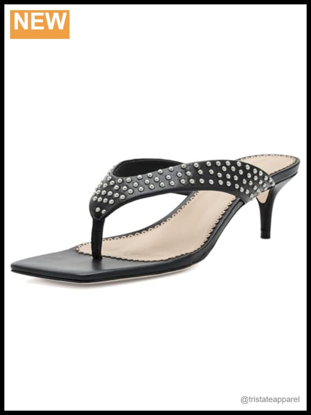 Studded Leather Kitten Heel Thong Sandals Slip On